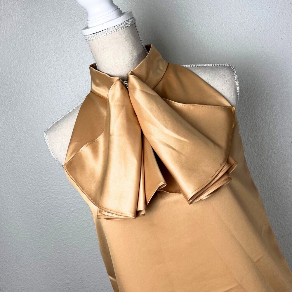 Loalde Gold Colorblock Bow Neck Sleeveless Shift Dress 6 Mod Retro Satin - Picture 2 of 6